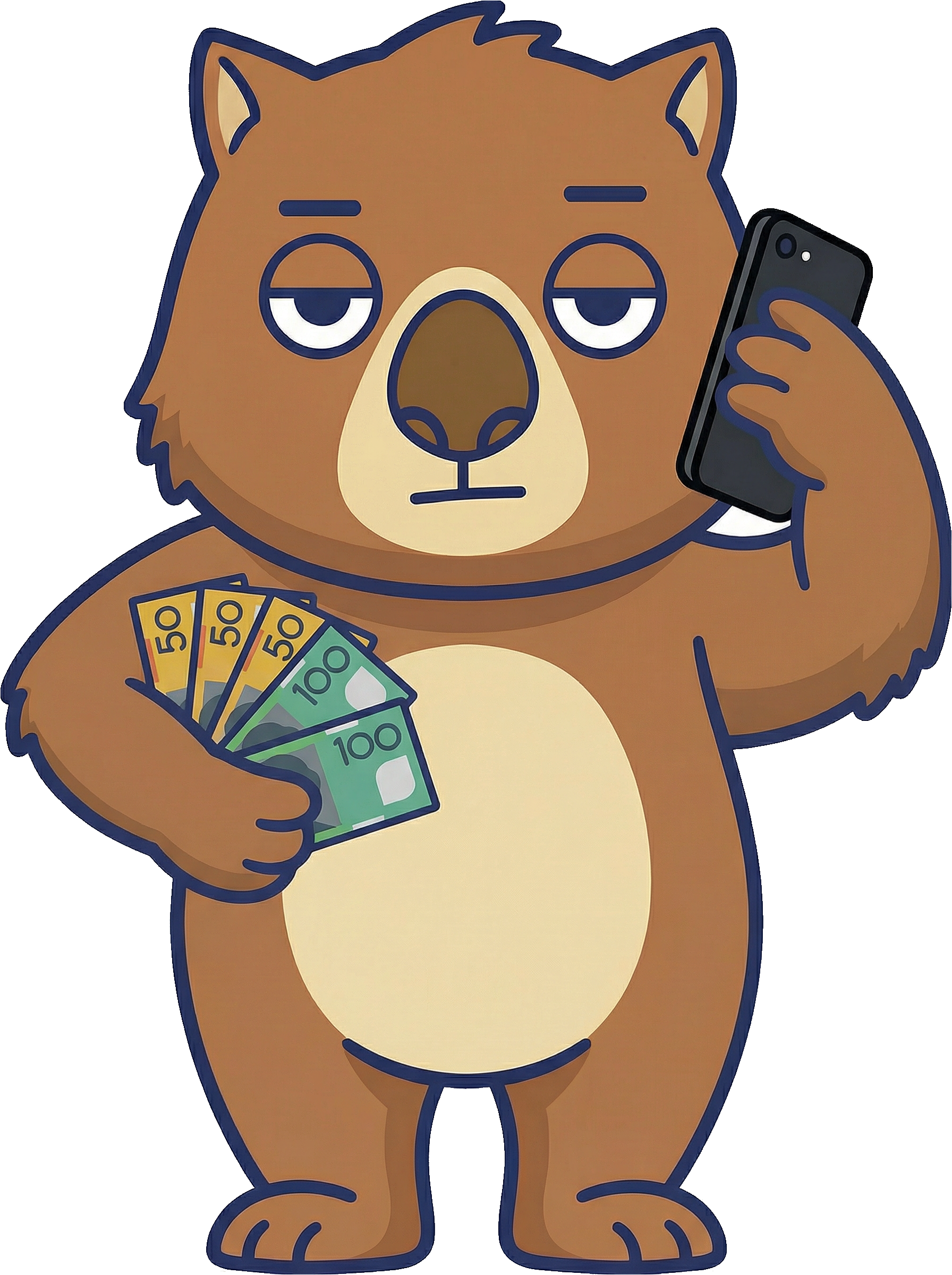 Baz the wombat on the phone with cash